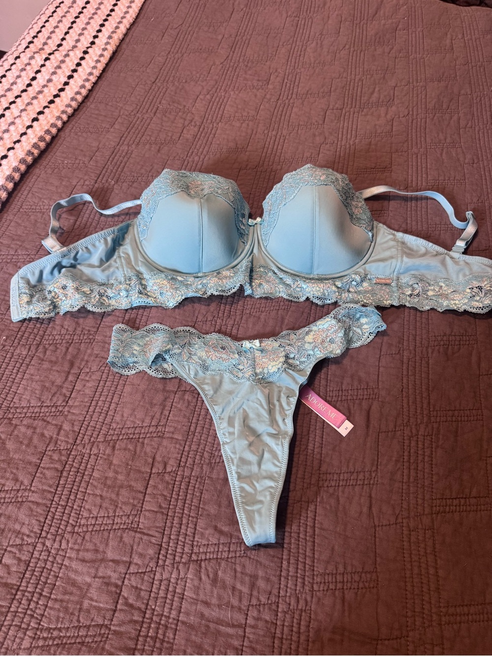 Adore Me Blue Satin Lace Bra & Thong Lingerie Set NWOT